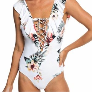 Roxy Ruffled Lace-Up One-Piece Swimsuit - L